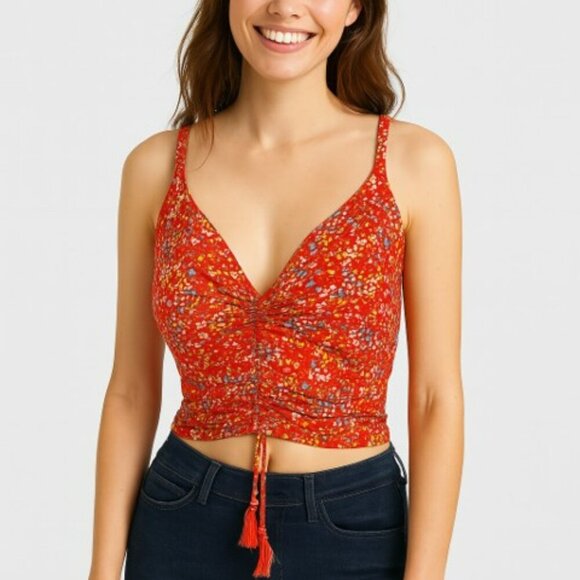 NWT O'Neill Kiko Ditsy Floral Ruched Crop Red Viscose Tank XL $45 MSRP - Picture 1 of 11